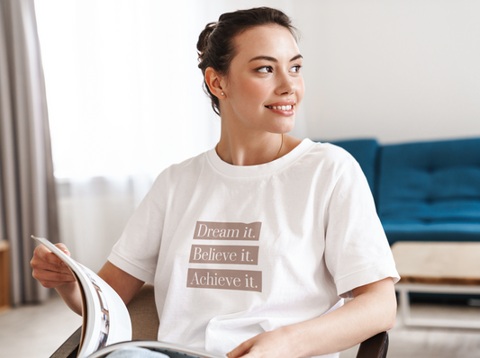 Dream Believe Achieve Oversized White Printed T-shirt Unisex