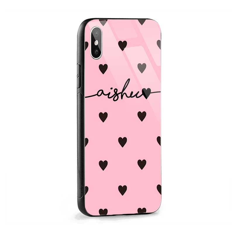 Glass Case With Pink Black Hearts Wave Name
