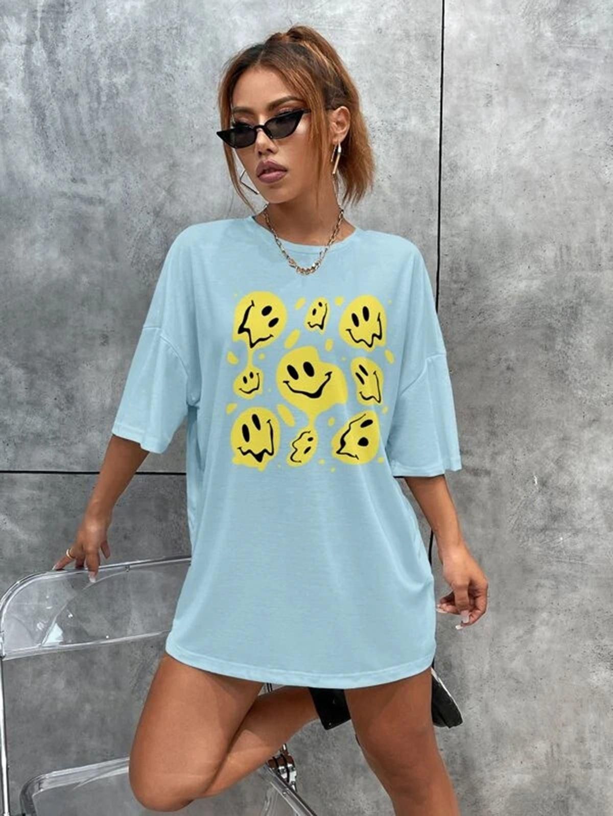Popster sky blue Printed Cotton Round Neck oversized Fit Half Sleeve Womens T-Shirt