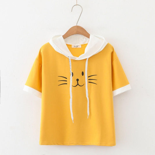 Popster Mustard Printed Cotton Hoody Regular Fit Half Sleeve Womens T-Shirt