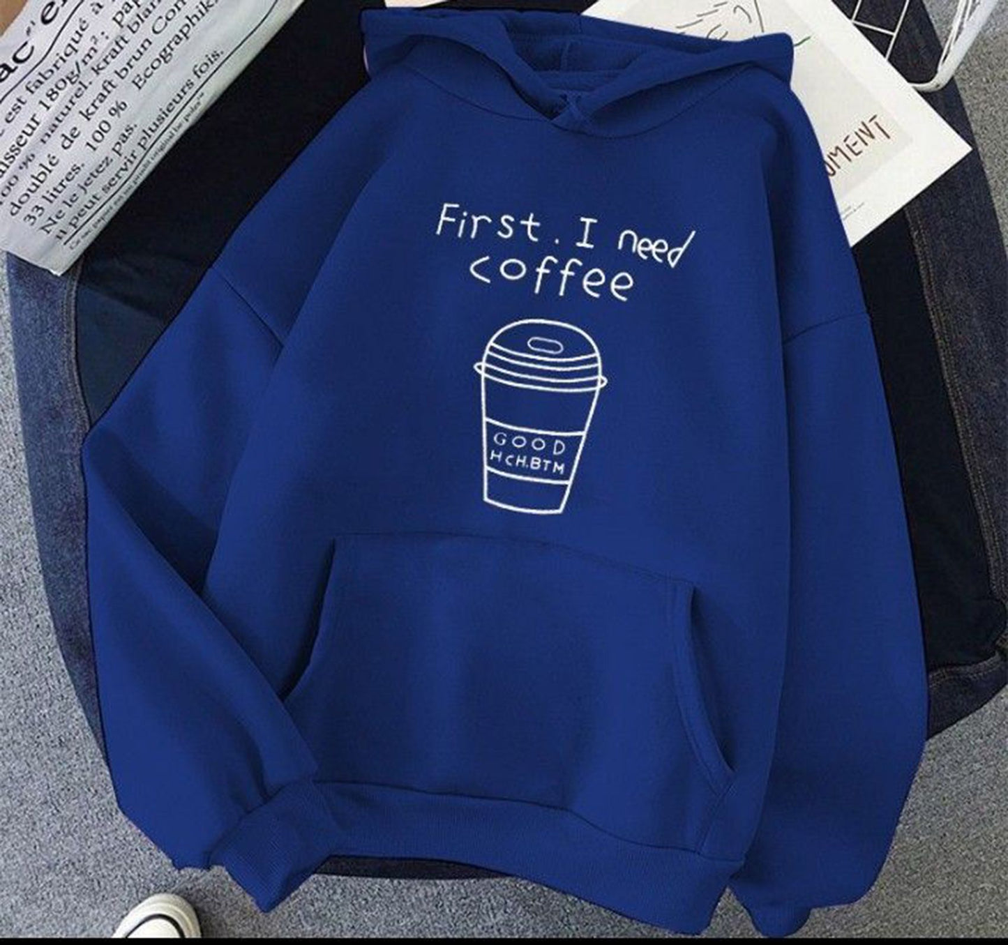 Popster Royal Blue Printed Fleece Hoody Regular Fit Long Sleeve Womens Sweatshirt