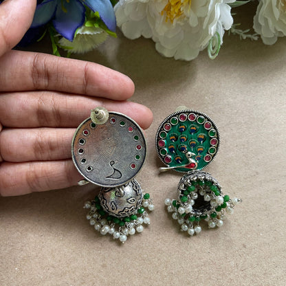 Green Peacock Oxidised Earring
