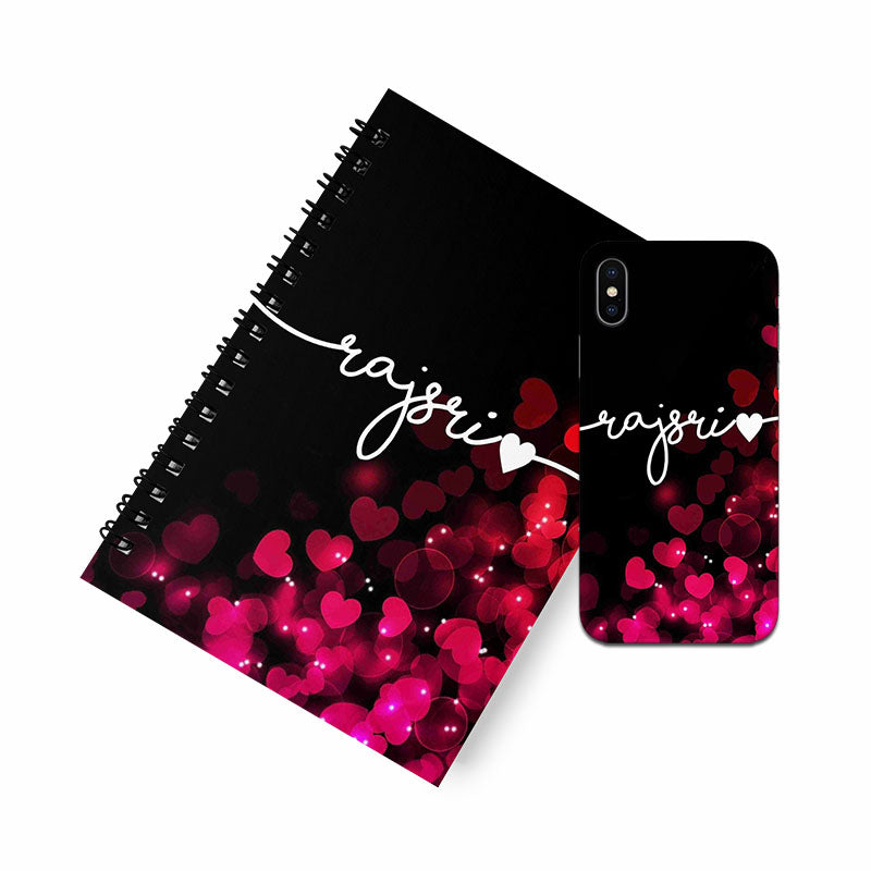 Red Hearts With Horizontal Name A5 Spiral Notebook Case Combo